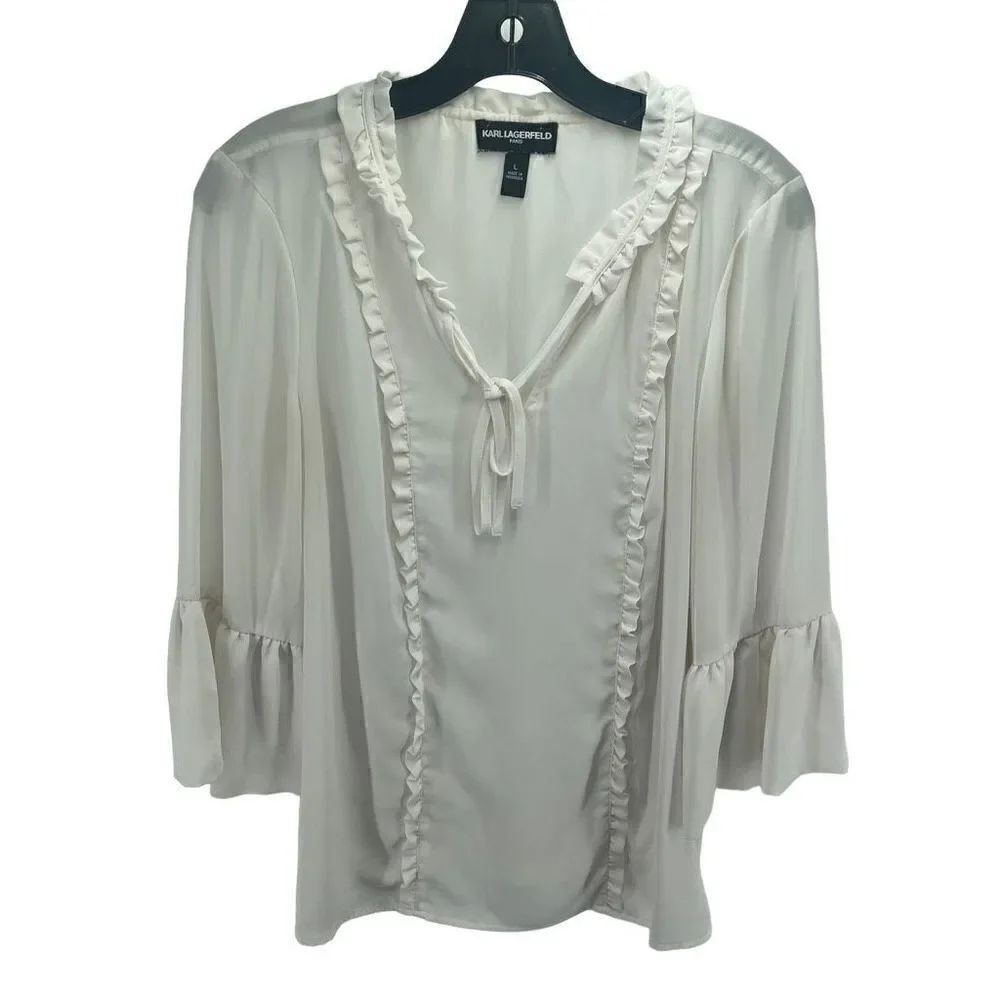 Karl Lagerfeld Women's V Neck Top Blouse Ruffle Trim Bell Sleeve White Large
